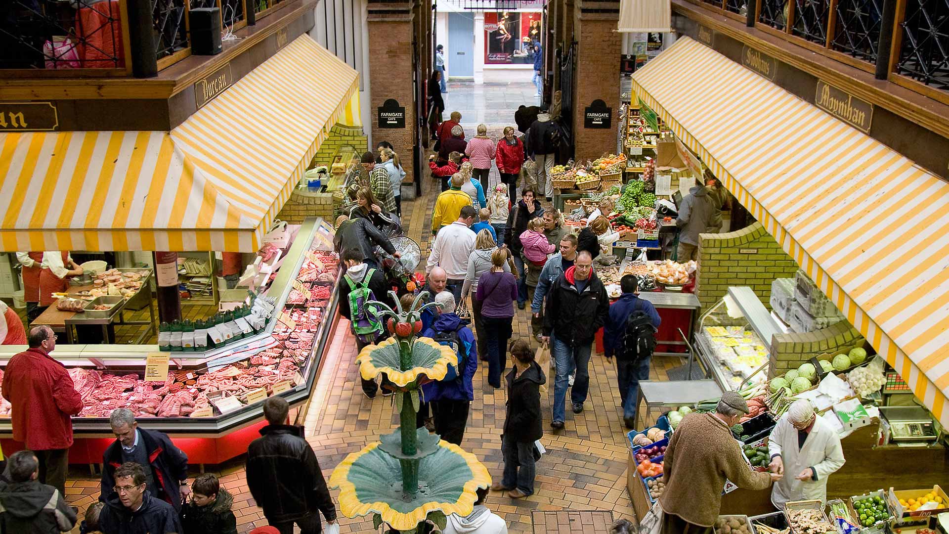 View from above of people shopping in the English Market in Cork