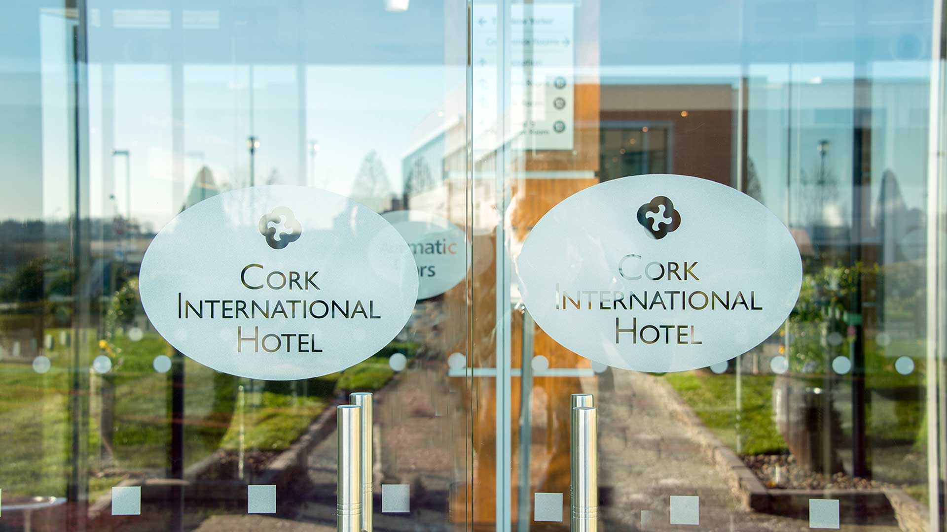 Glass doors to the Cork International Hotel