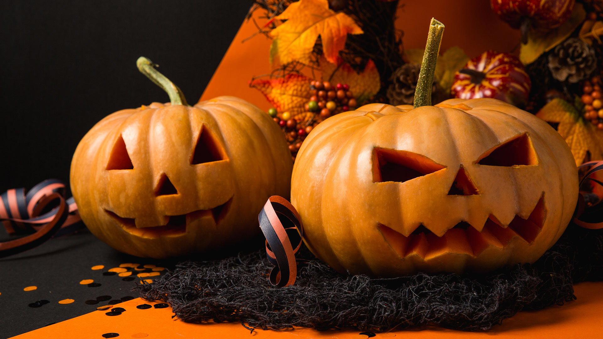 Carved pumpkins and Halloween decorations