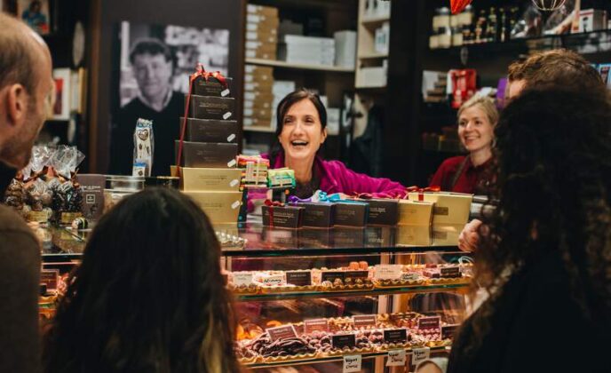 Crowd around Chocolate stall at English Market in Cork City