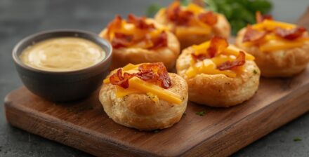 Bacon Cheddar Cream Cheese Puff Wheels with Roasted Garlic Aioli