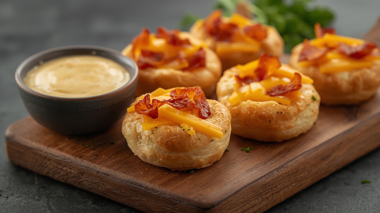 Bacon Cheddar Cream Cheese Puff Wheels with Roasted Garlic Aioli